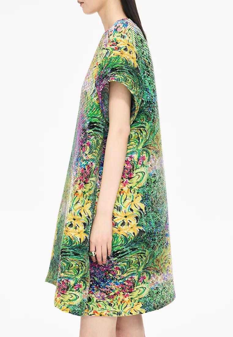 混纺图案元素A型压褶短袖连衣裙