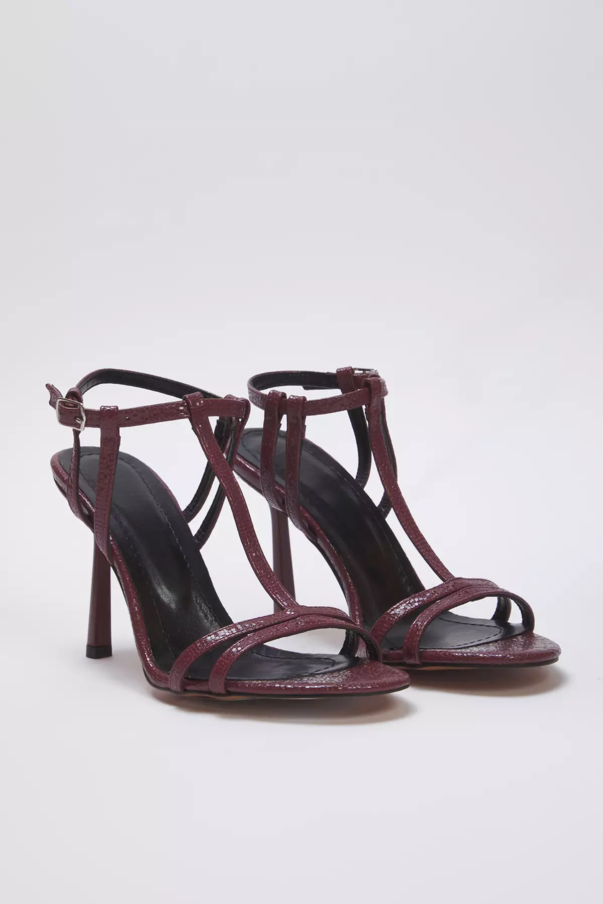 Burgundy T-Banded Ankle Strap Round Toe Women's Thin Heeled Sandals Takss25To00016