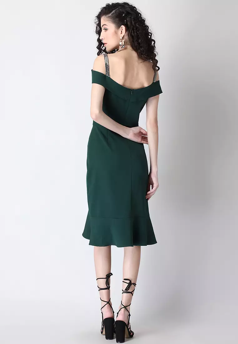 Green Ruffled Embellished Strap Bodycon Dress