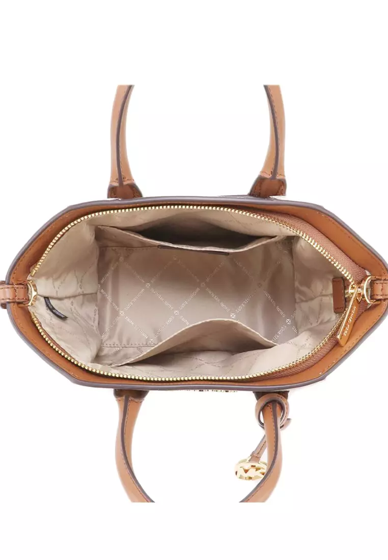 Avril Small Signature Top Zip Satchel - Vanilla/Brown