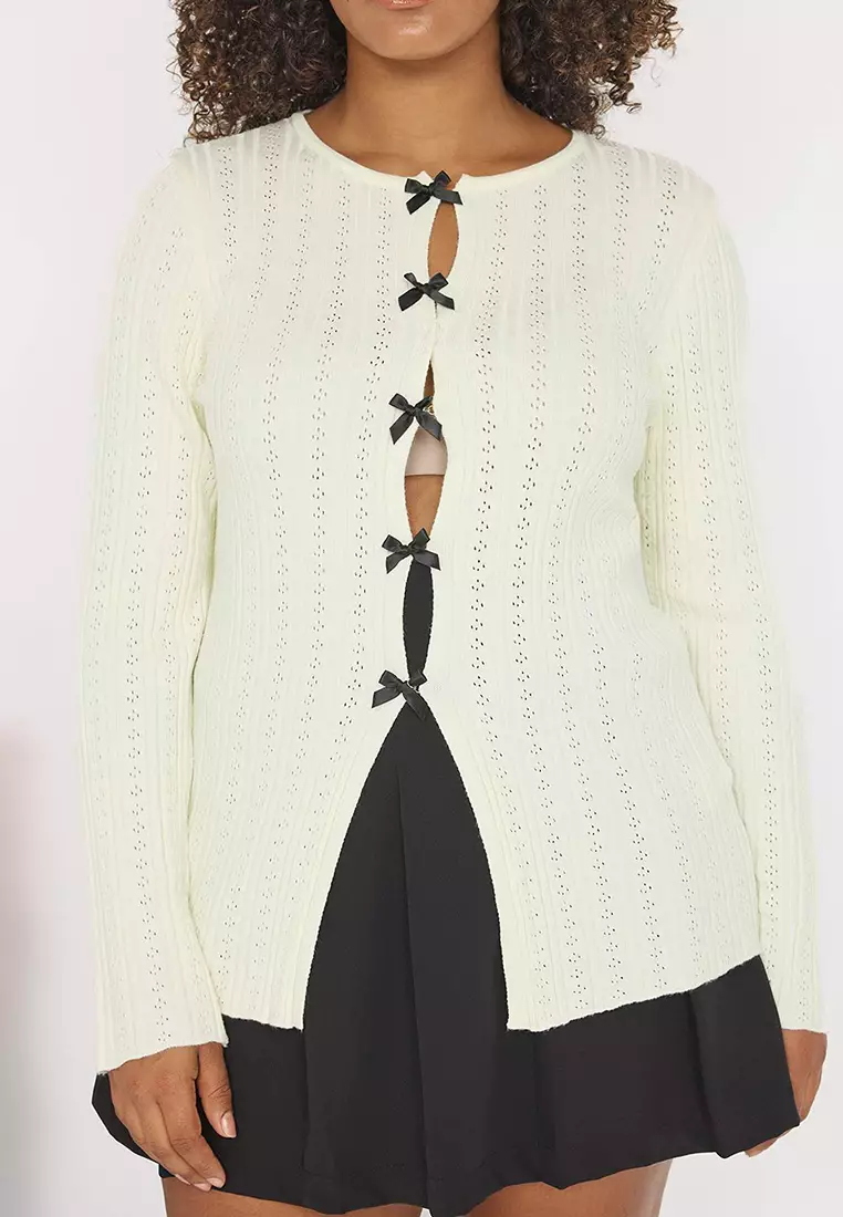 Teen Ecru Ribbon/Bow Closure Openwork/Hole Knitwear Blouse