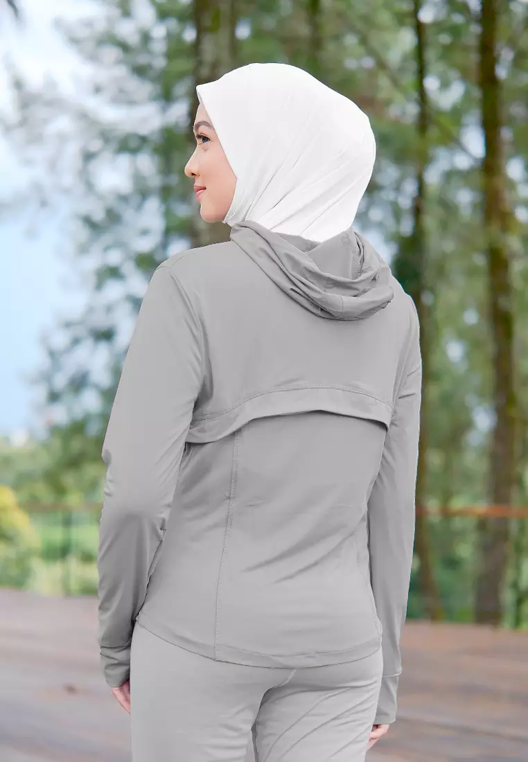 Zelena - Clemen Hoodie Fit | Jaket Olahraga Wanita Slim Fit Anti UV Gym Yoga Pilates - Stone Grey
