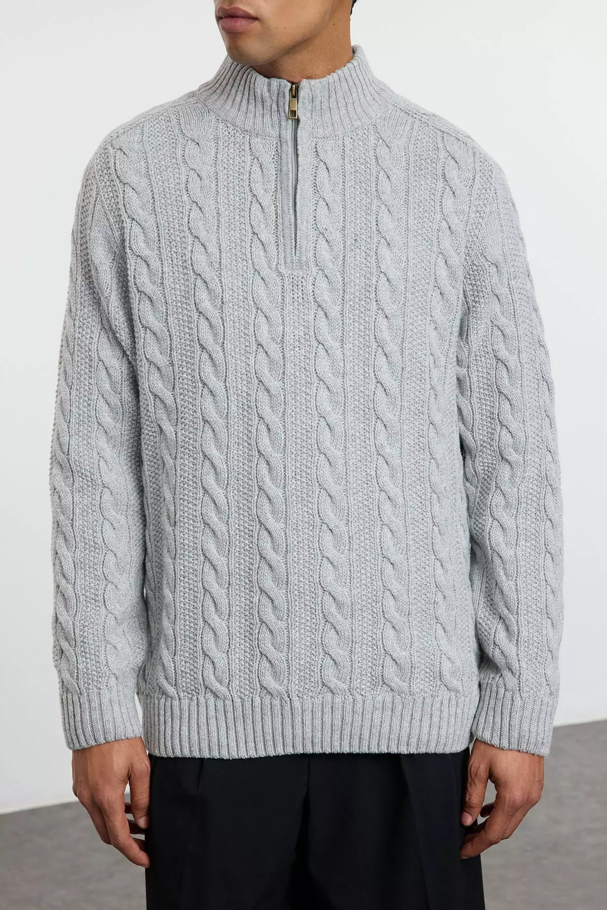 Grey Unisex Regular Fit Zippered Half Turtleneck Knit Sweater TMNAW21KZ0737