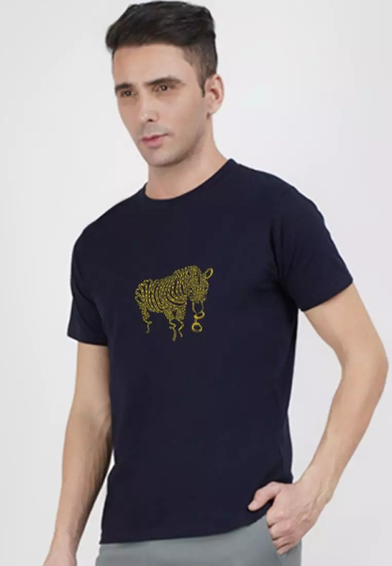 斑马图案海军蓝色棉质短袖标准版型 T 恤