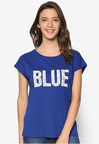 『藍色』蕾絲文字印花zalora鞋T 恤, 服飾, 上衣