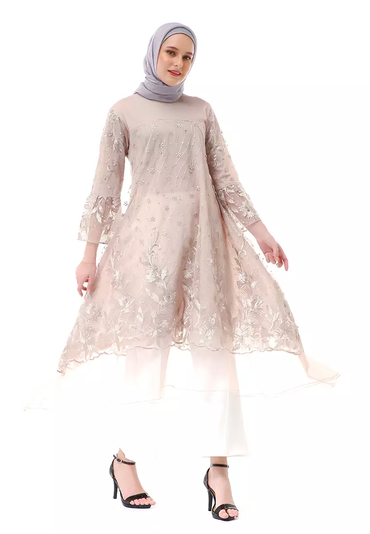 Laika Dress Muslimah Brukat Long Sleeve High Quality Premium Wanita - Nude