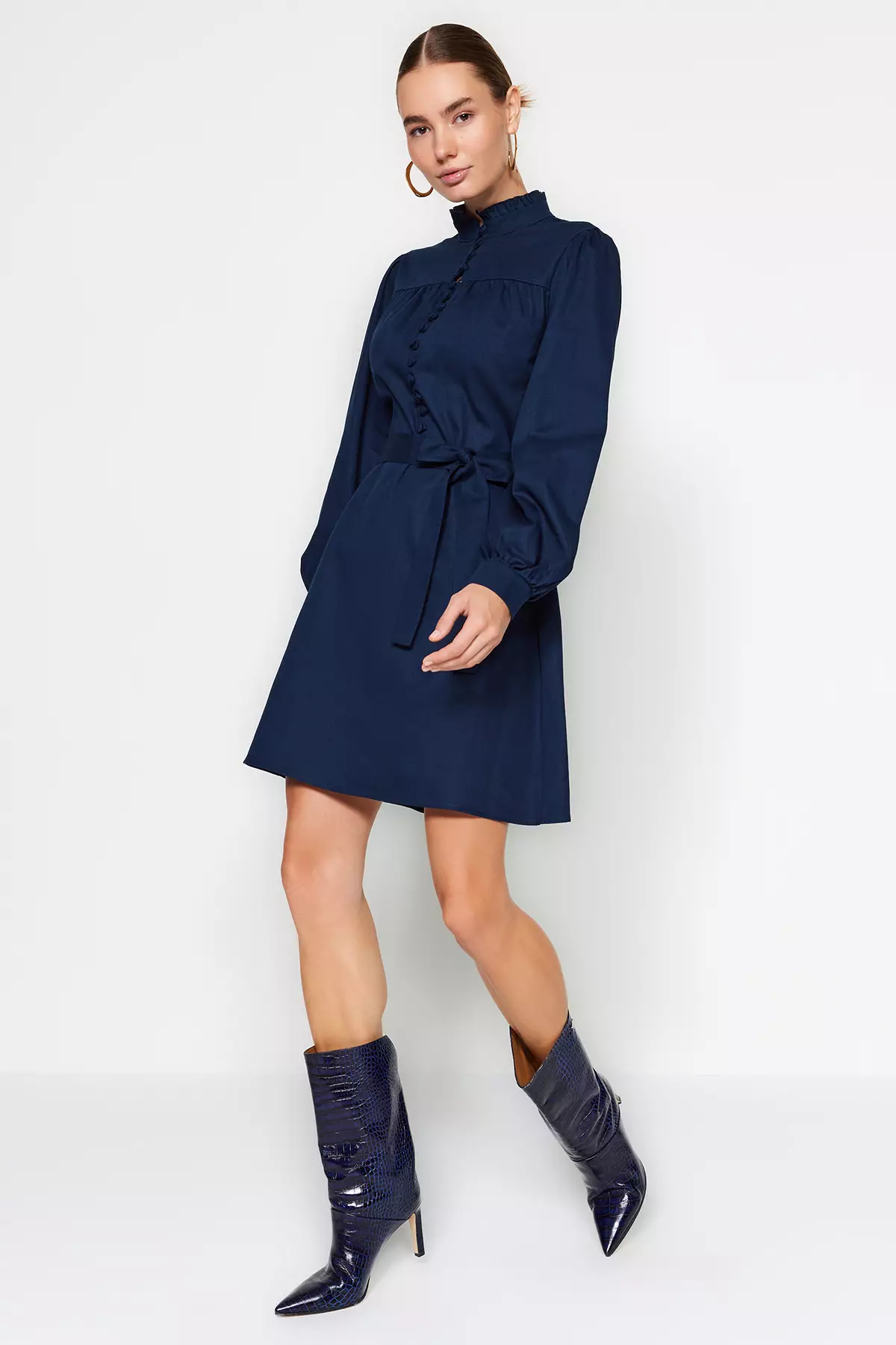 High Collar Woven Dress