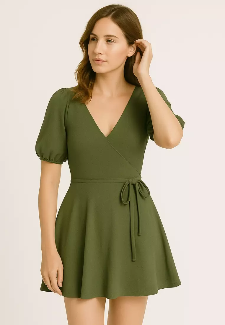 Aurelia Flattering Swimdress – Plus Size Tummy Control One Piece with Skirt Puff Sleeves V-Neck – Elegant Green