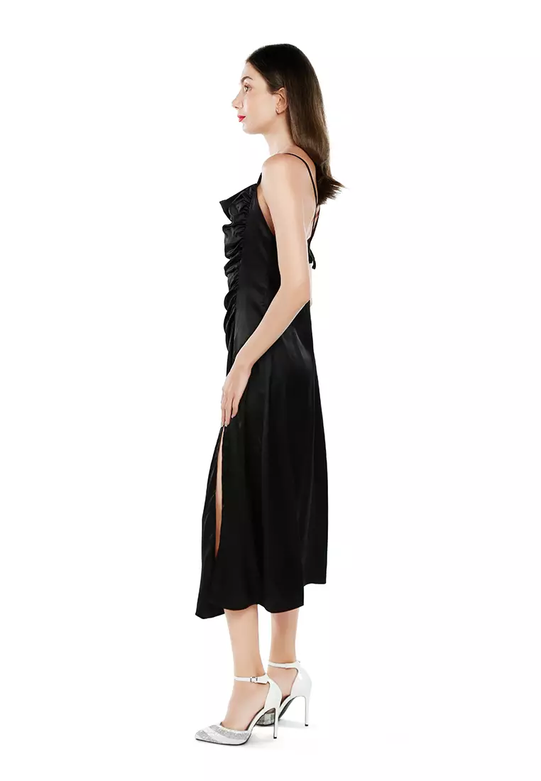 Black Ruched Detail Slit Slip Dress