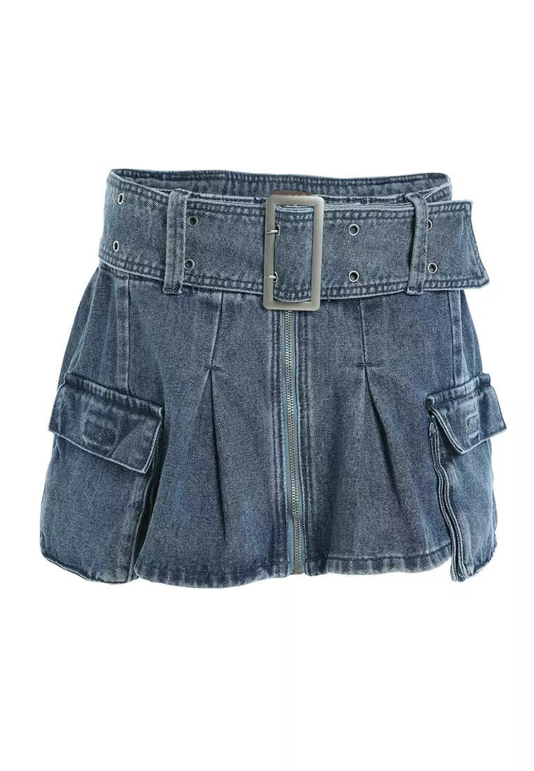 Rok Kargo Mini Lipit Biru