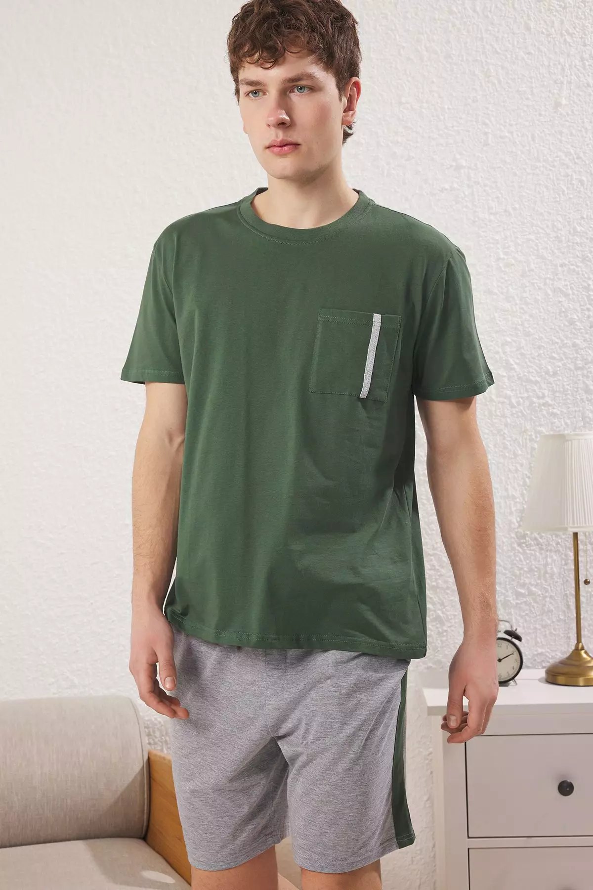 Green Regular Fit Paneled Knitted Shorts Pajama Set TMNSS25PT00035