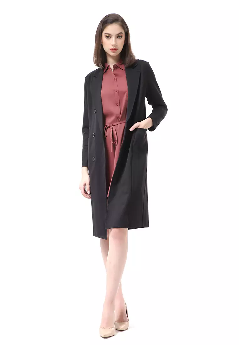 Myra Outerwear Wanita Long Blazer Desain Kancing Plain Motive Material Wedges ORIGINAL - Black