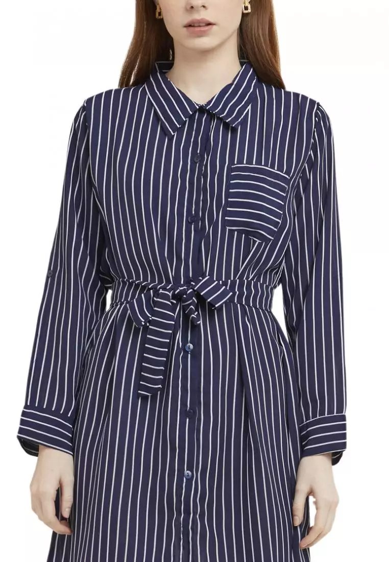 Mini Dress Salur Lengan Panjang Self Tie Belt Wanita - Navy