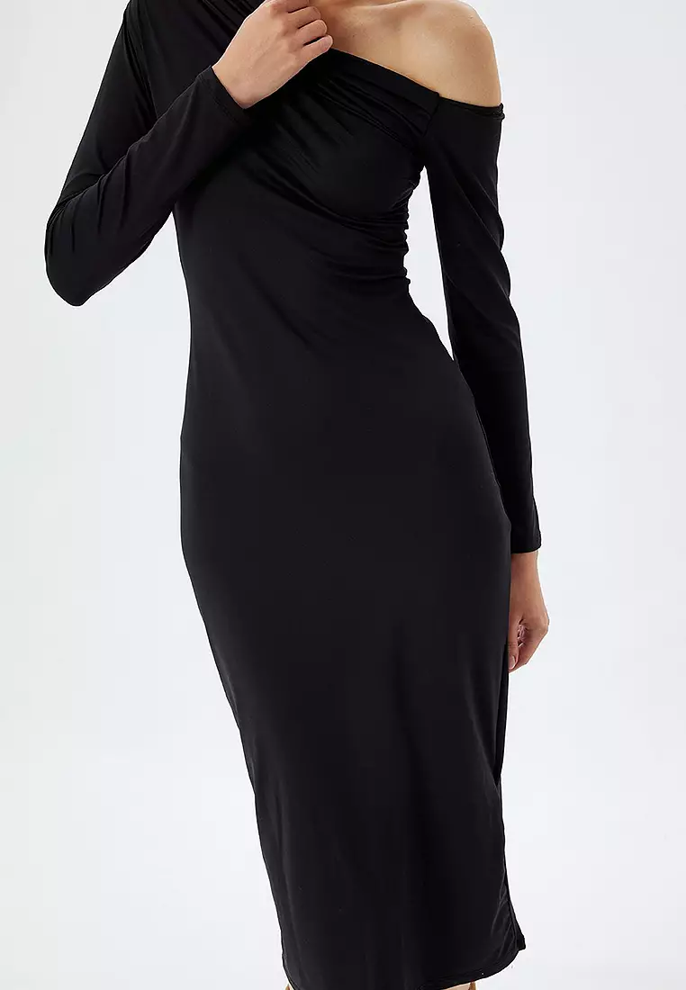 Asymmetrical Ruched Midi Dress