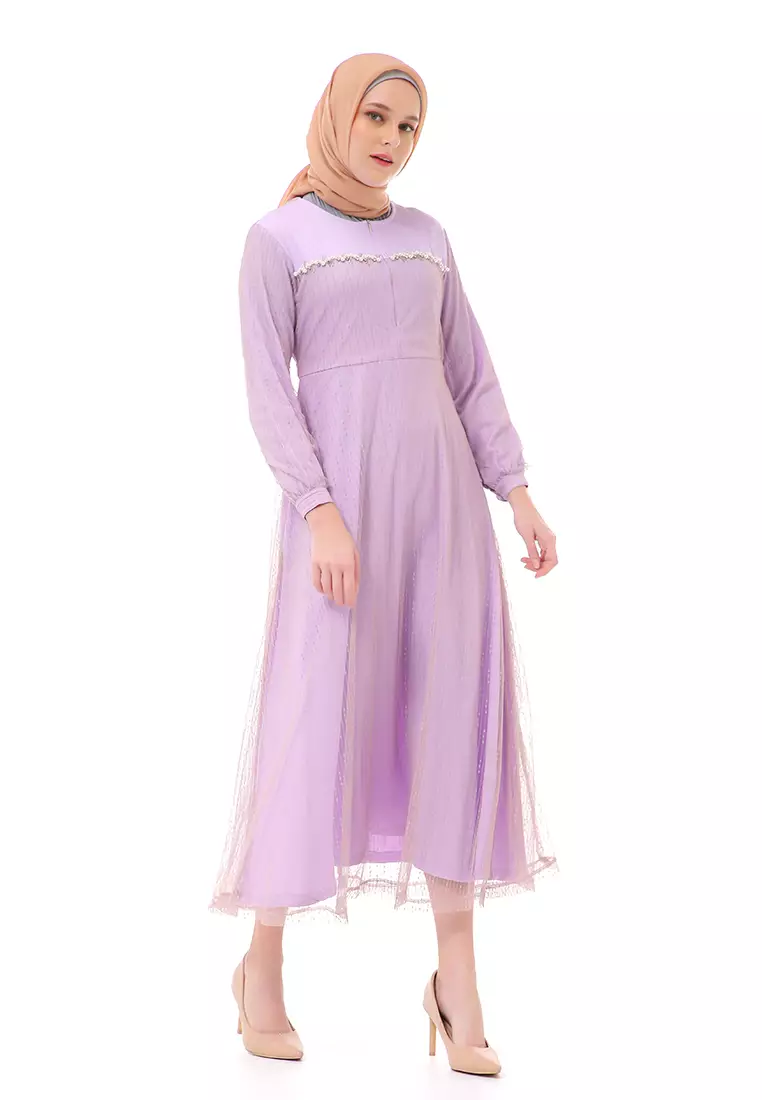 Nadya Dress Muslimah Women Waist Strap High Quality Premium - Lilac