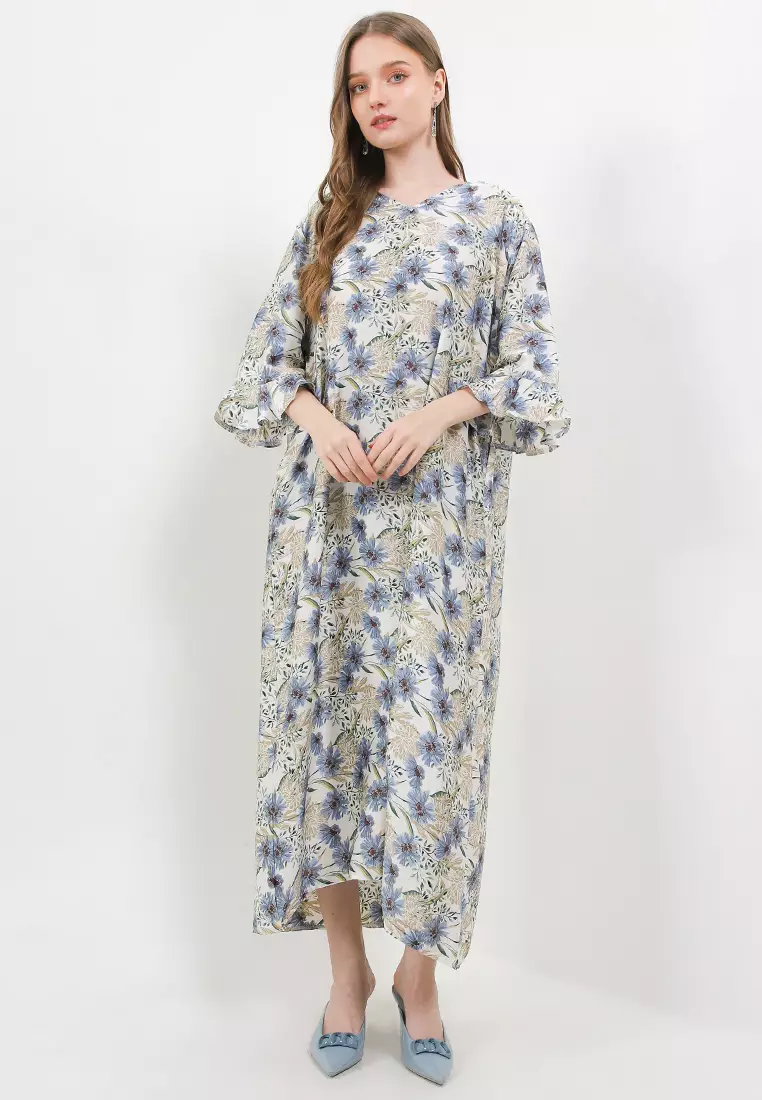 Ruffle Sleeve Printed Sateen Maxi Dress