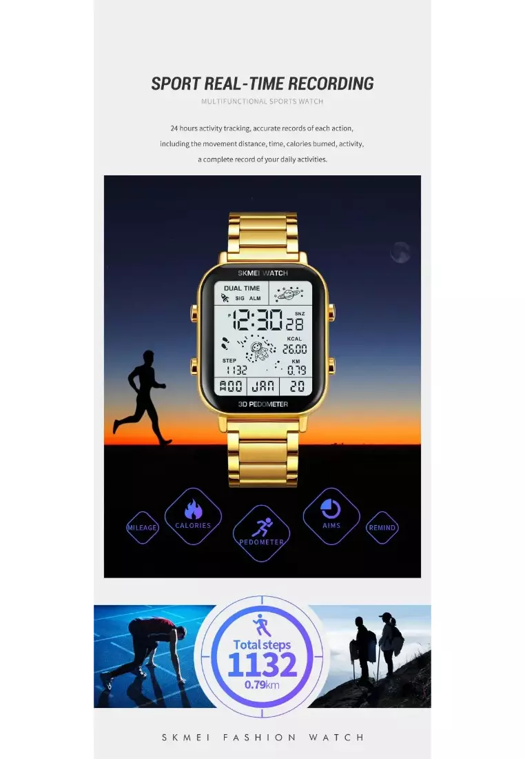 Back Light Display Sport Pedometer Digital Watches Mens Stopwatch Countdown Wristwatch Calendar Calorie Calculation Clock