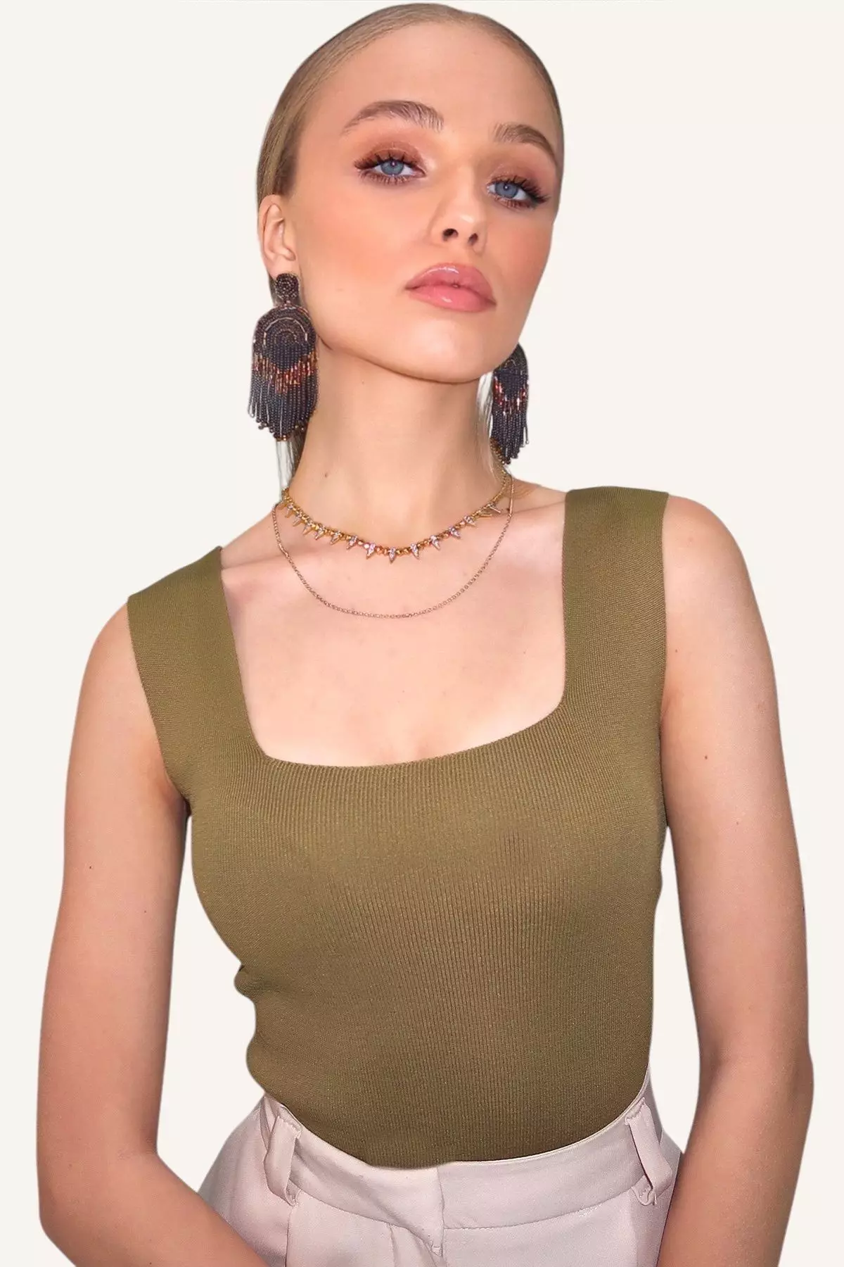 Women's Khaki Square Neck Slim Mercerized Blouse