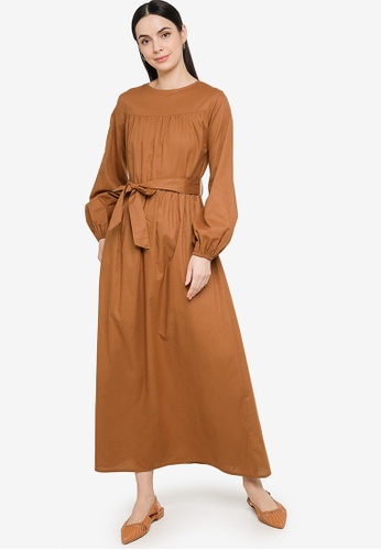 ZALIA BASICS brown Cotton Belted Dress 0DC69AA4B056C9GS_1