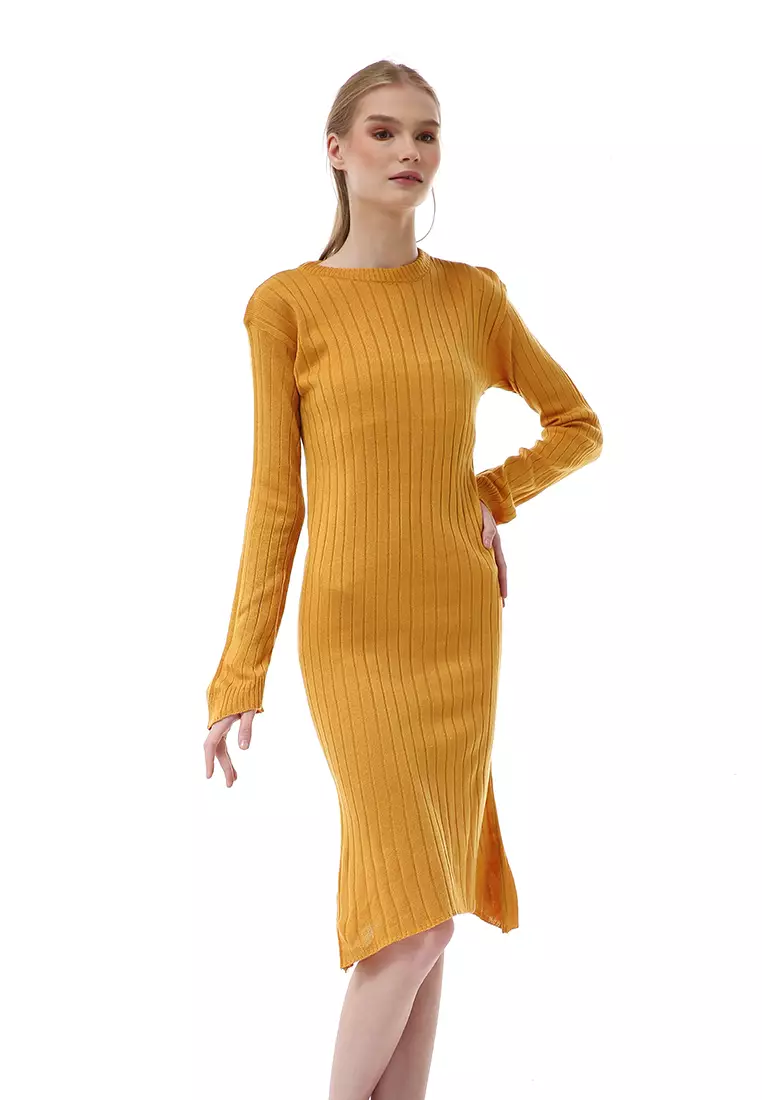 Adela Dress Rajut Tunik Wanita Motif Polos Long Sleeve Relaxed Fit - Mustard