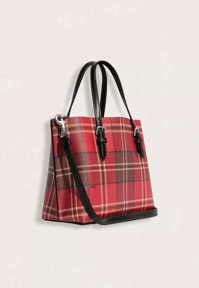 Coach Mollie Tote 25 With Tartan Plaid Print Red Black Multi