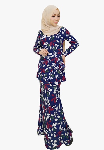 Floral Printed Kurung Moden from Zoe Arissa in Blue and Multi and Navy