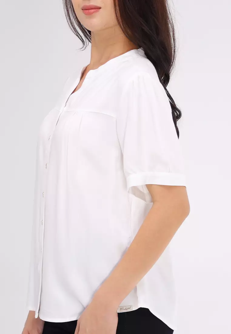 Bold Twill Chinese Collar Short Sleeves Blouse