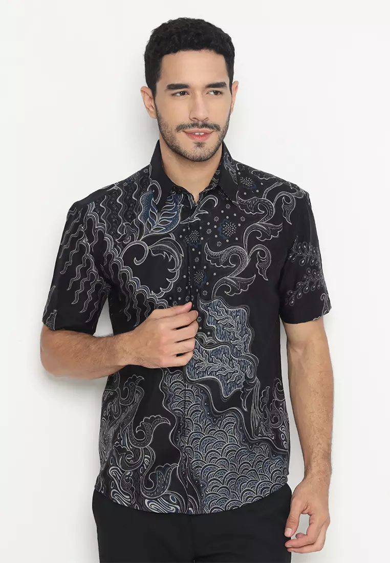 Kemeja Batik Pria Slimfit Ganesha Lengan Pendek - Black