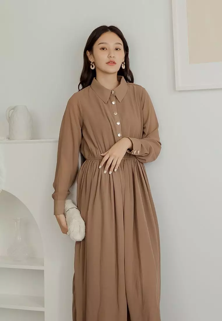 Chiffon Button-Down Shirt Collar Long Dress [DA8044]