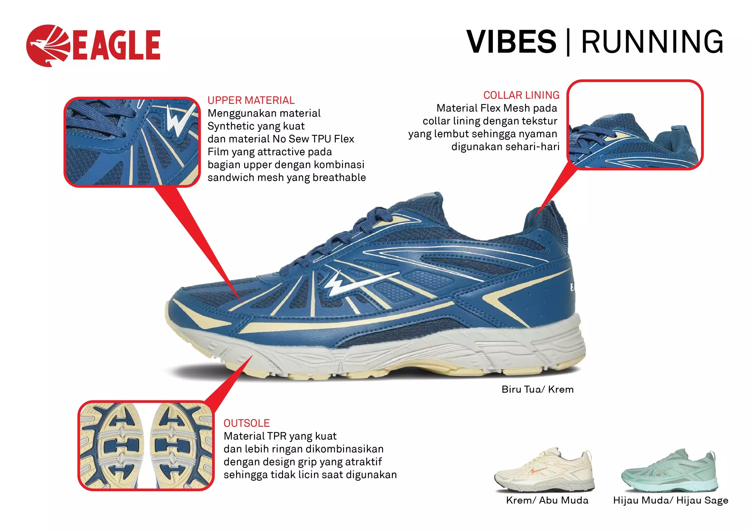 Eagle Sepatu Lari Vibe – BIRU TUA/KREM