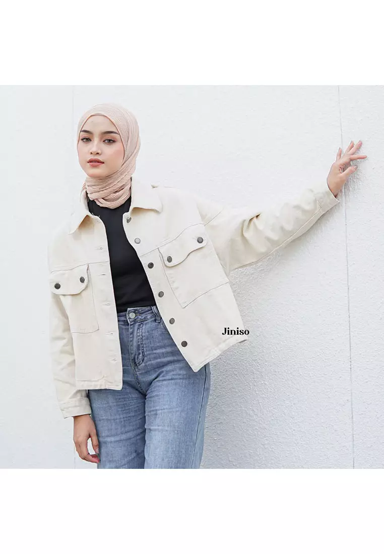 Jaket Crop Jeans Oversize Pocket Khaki