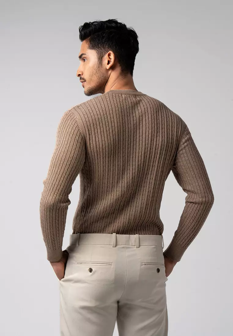 Mens Cable Knit Cotton Sweater Light Brown LS