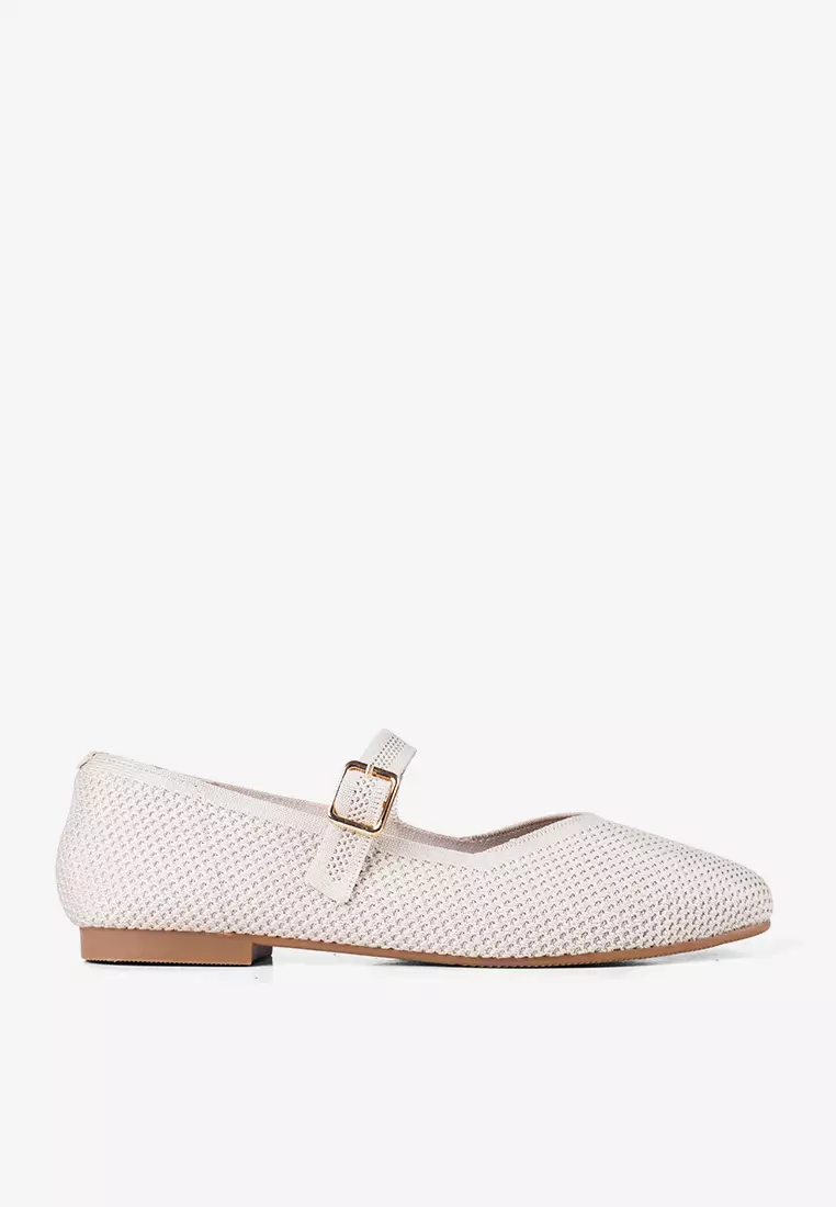 Maia Ballerina Knit Flatshoes Square Toe Mary Jane in Cream