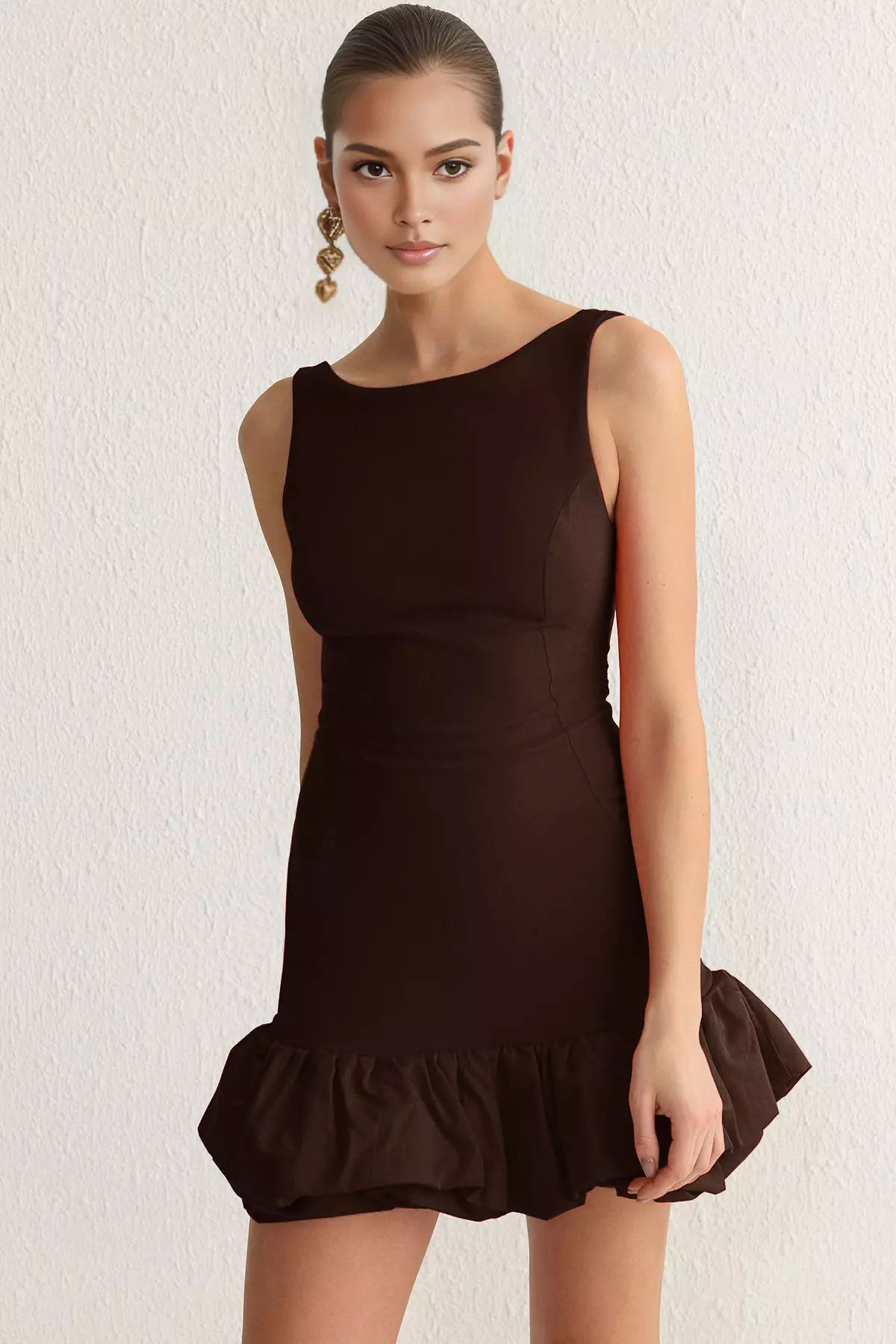 Brown Balloon Skirt Detailed Shorts Lined Short Evening Prom Dress TPRSS25EL00059