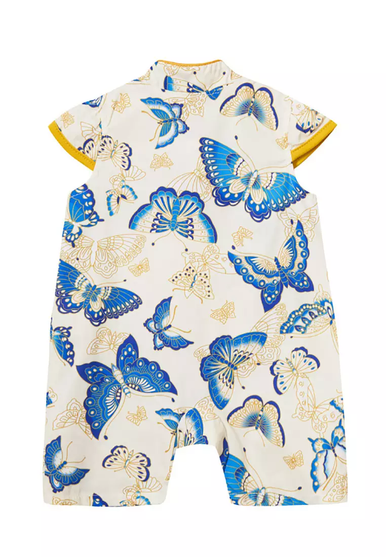 女童藍色蝴蝶漢服唐裝旗袍哈衣連體衣新年拜年衣服