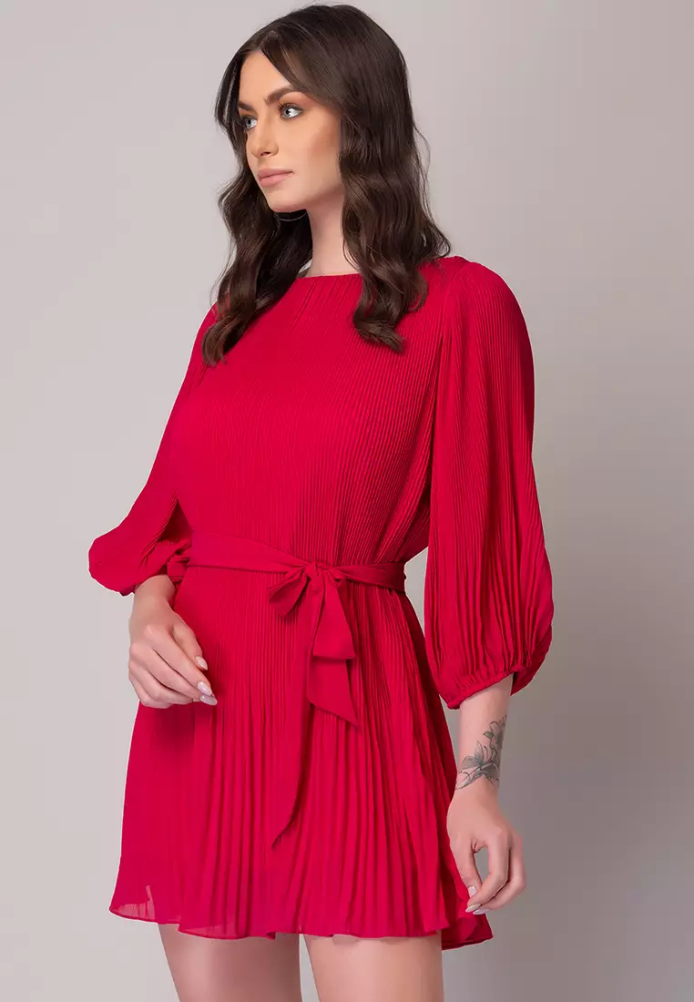 Hot Pink Pleated Shift Dress With Belt