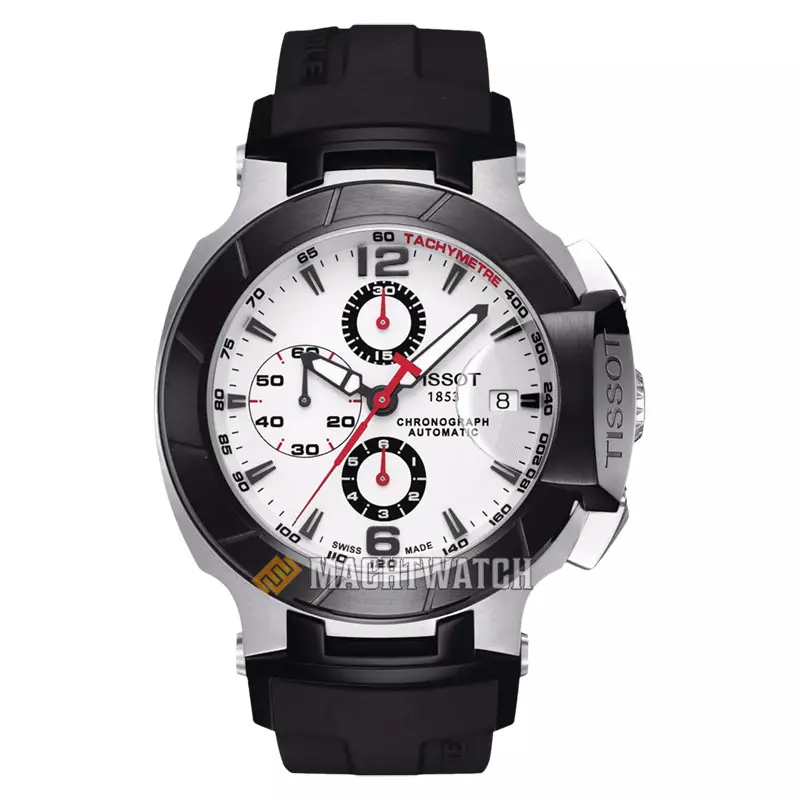 Jam Tangan Pria TISSOT T Race T048.427.27.037.00 Chronograph Automatic White Dial Black Rubber Strap