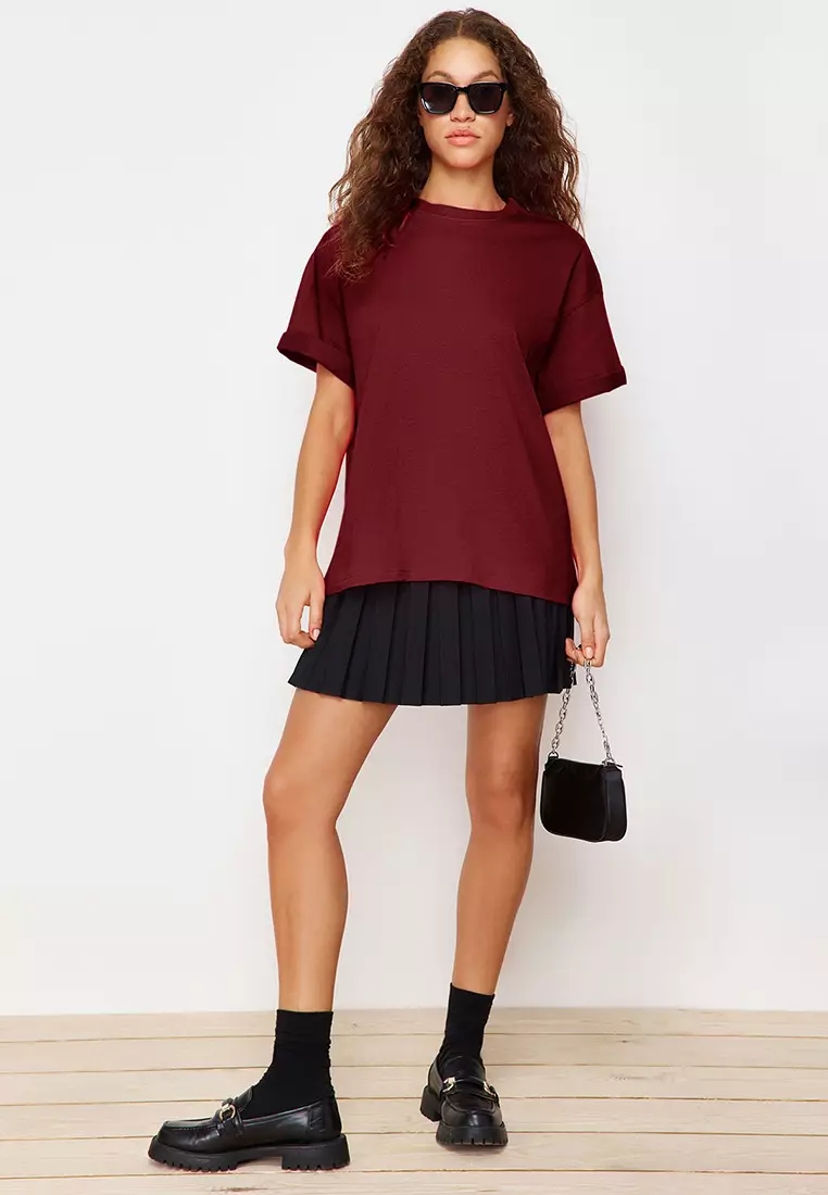 Claret Red 100% Cotton Premium Oversize/Wide Pattern Crew Neck Knitted T-Shirt TWOSS23TS00040