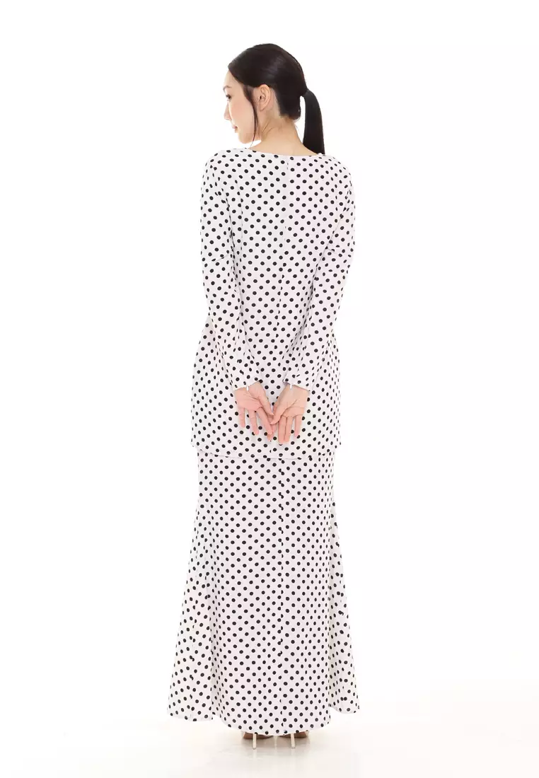 Rina Printed Kurung Modern in WHITE Pink Polka Dot
