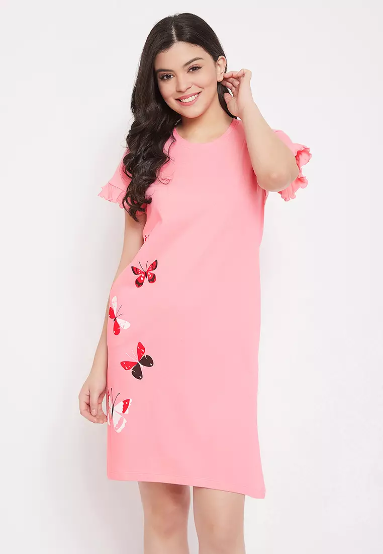 Clovia Butterfly Print Short Night Dress in Peach Pink - 100% Cotton 2024, Buy Clovia Online