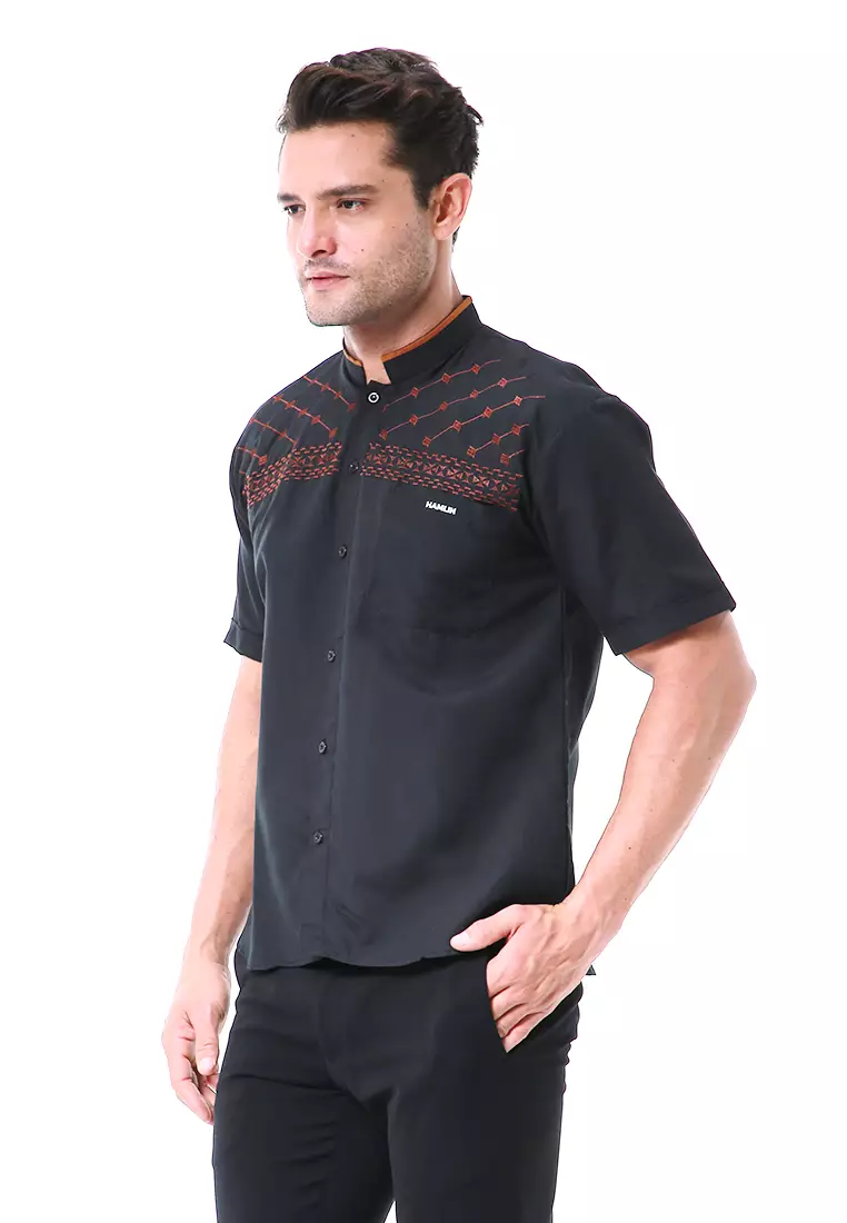 Leopold Kemeja Koko Pria Lengan Pendek Motif Bordir Material Cotton ORIGINAL - Black