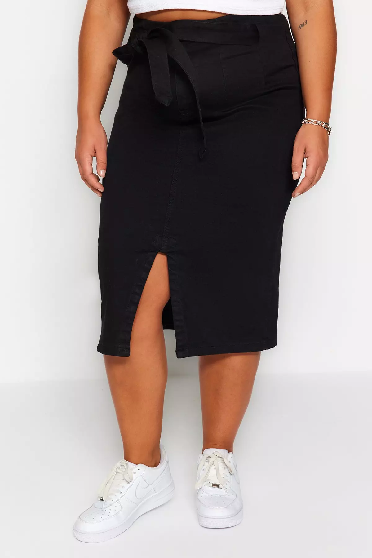 Plus Size High Waist Slit Denim Midi Skirt