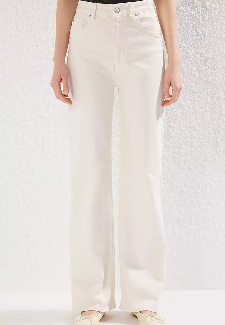 Ecru High Waist Wide Leg Jeans TWOAW25JE00309