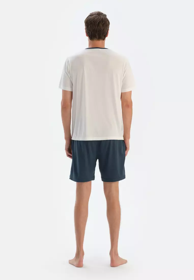 Ecru T-Shirt & Shorts, Slogan Print, Crew Neck, Regular Fit, Short Sleeve Sleepwear for Men