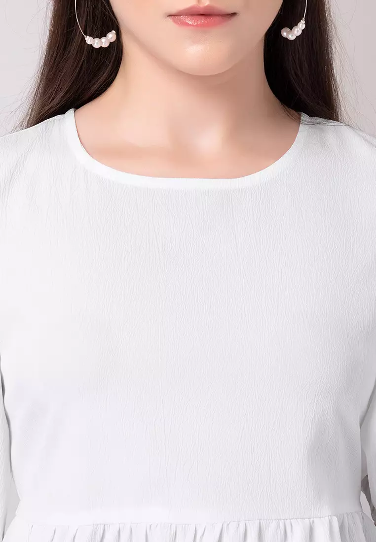 White Textured Puff Sleeve Peplum Top