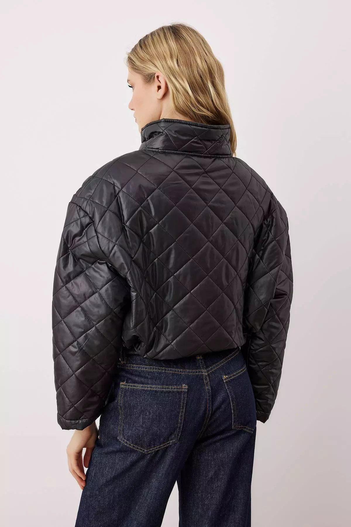 Black Regular Fit Faux Leather Pocket Detailed Quilted Coat