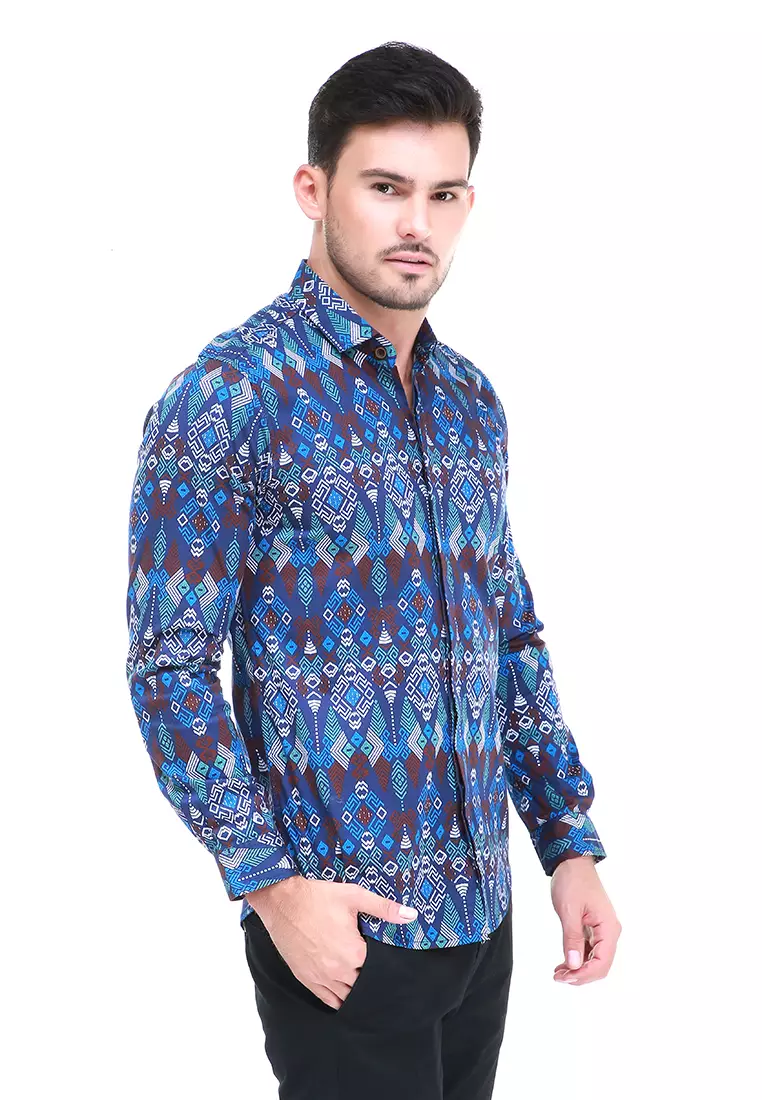 Dwan Kemeja Batik Pria Atasan Formal Longsleeve Shirt Material Cotton ORIGINAL - Navy