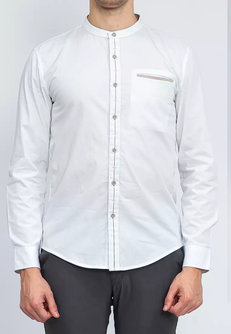 OXCON Kemeja Collarless long sleeve Dual Style Button White