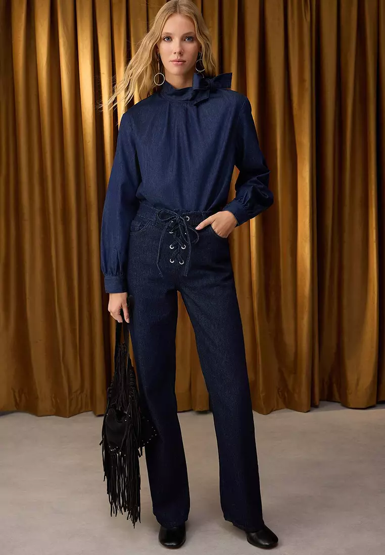 Dark Blue Tie Collar Detailed Denim Blouse Twoaw26Bz00089