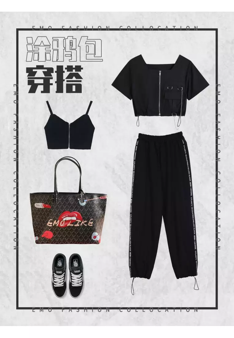 Korean fashion Brand‧Canine Graffiti Pattern Totebag (Large)-Black